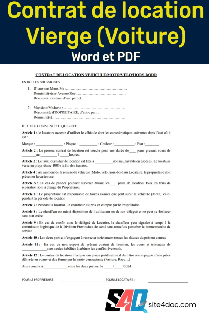 Contrat de location automobile prêt à l'emploi - Versions PDF et Word