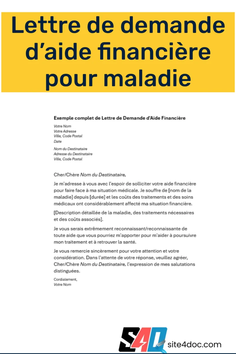 Modèle de Lettre de Demande d'Aide Financière pour Maladie en Format PDF