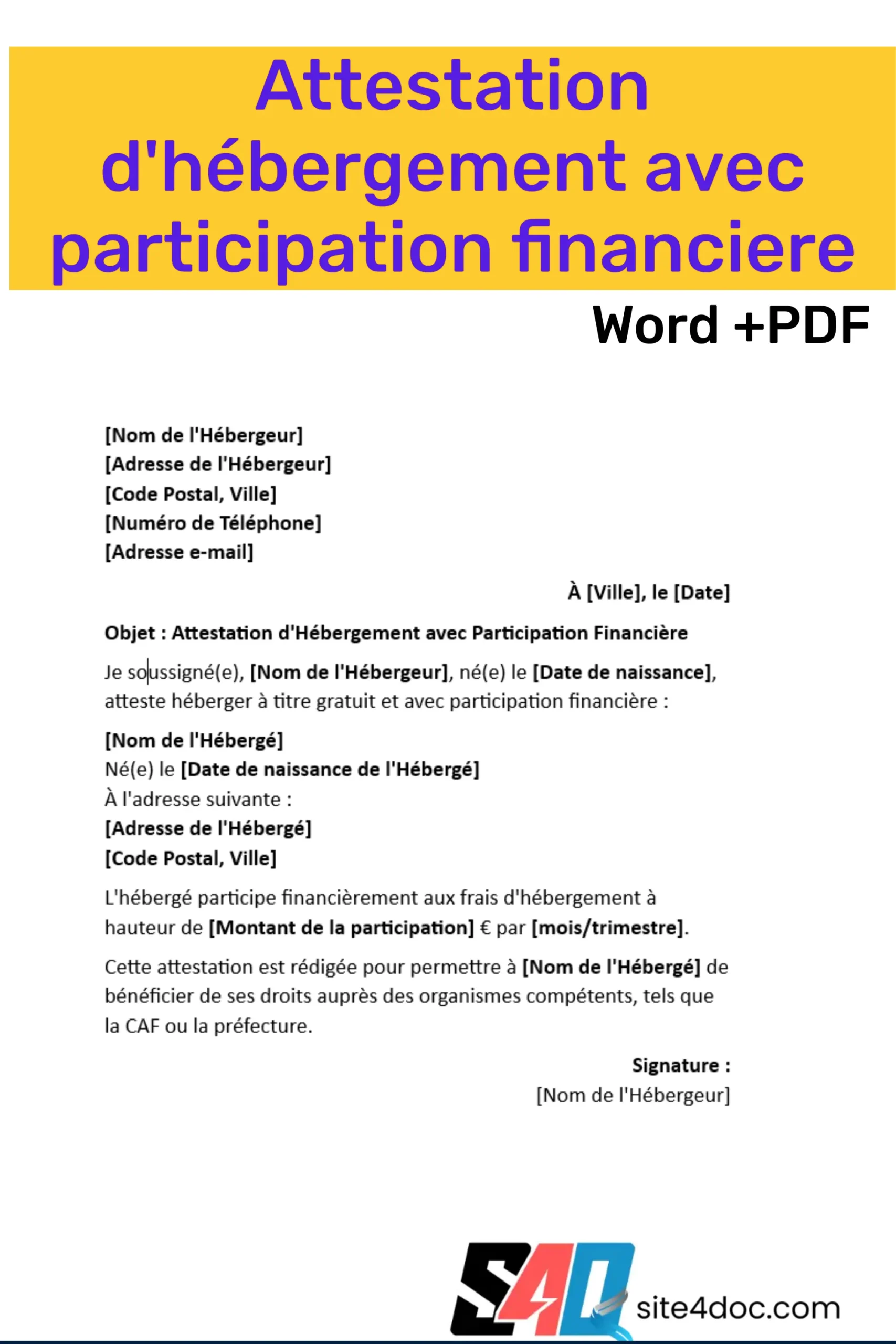 Attestation d'Hébergement avec Participation Financière Word et PDF