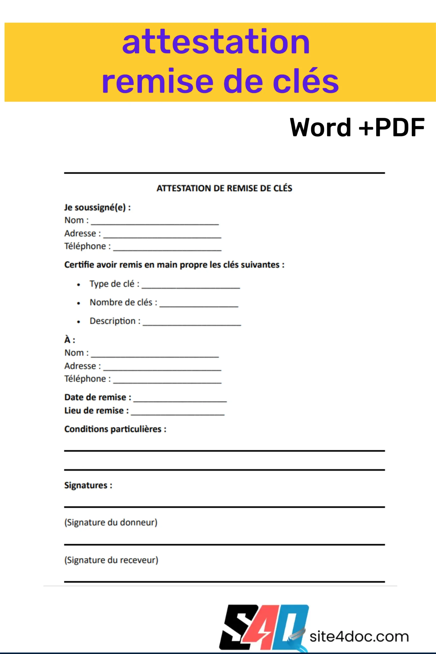 attestation remise de clés Word et PDF