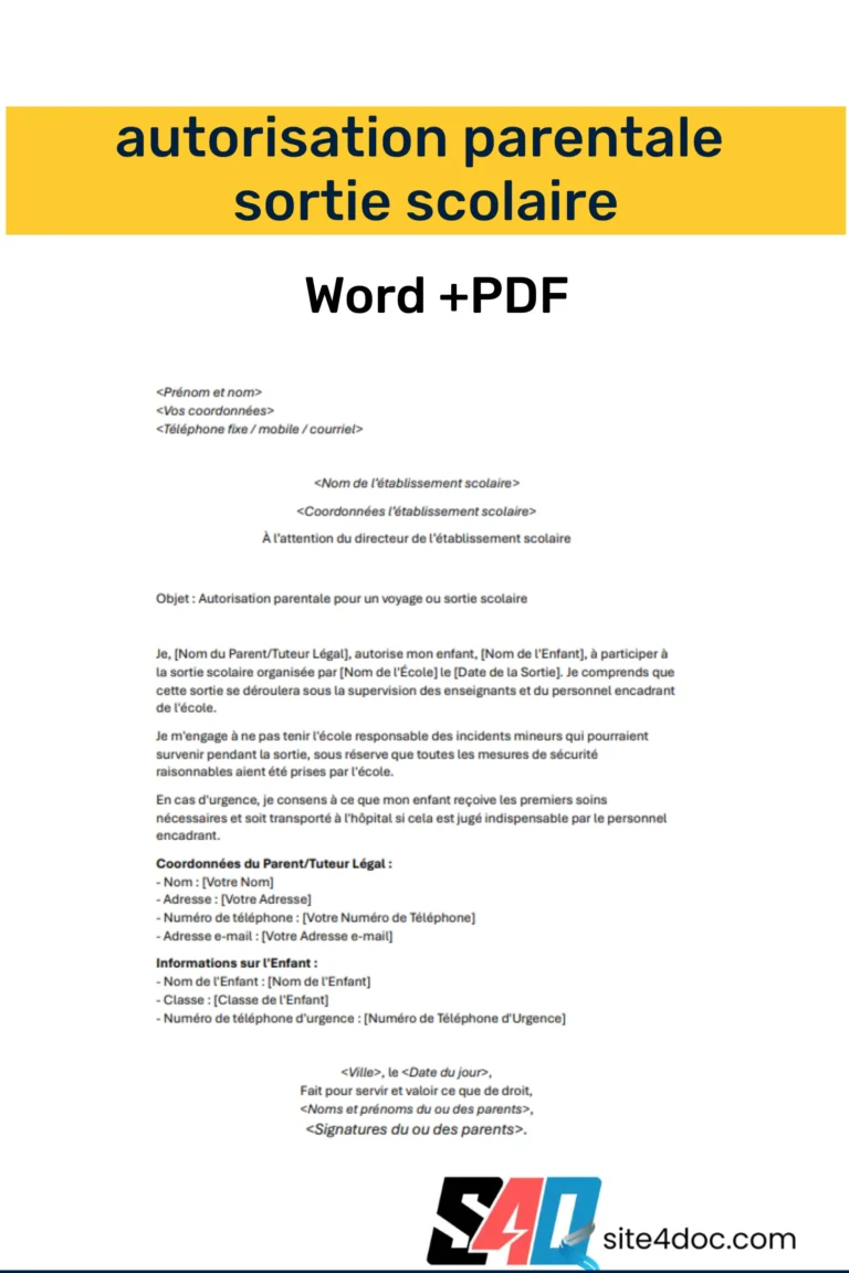 Autorisation parentale sortie scolaire, Formulaires Word et PDF.