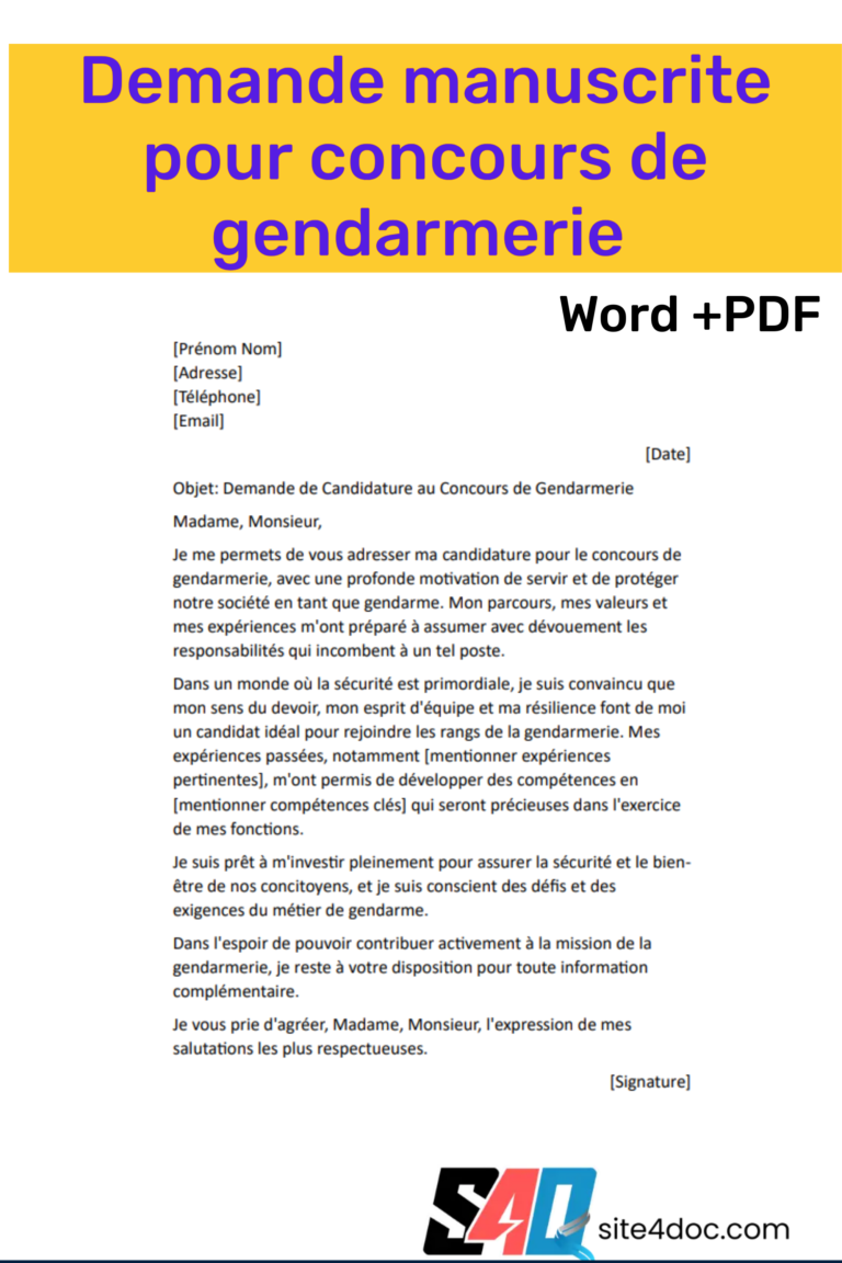 Exemple de Demande Manuscrite pour le Concours de Gendarmerie en PDF et Word