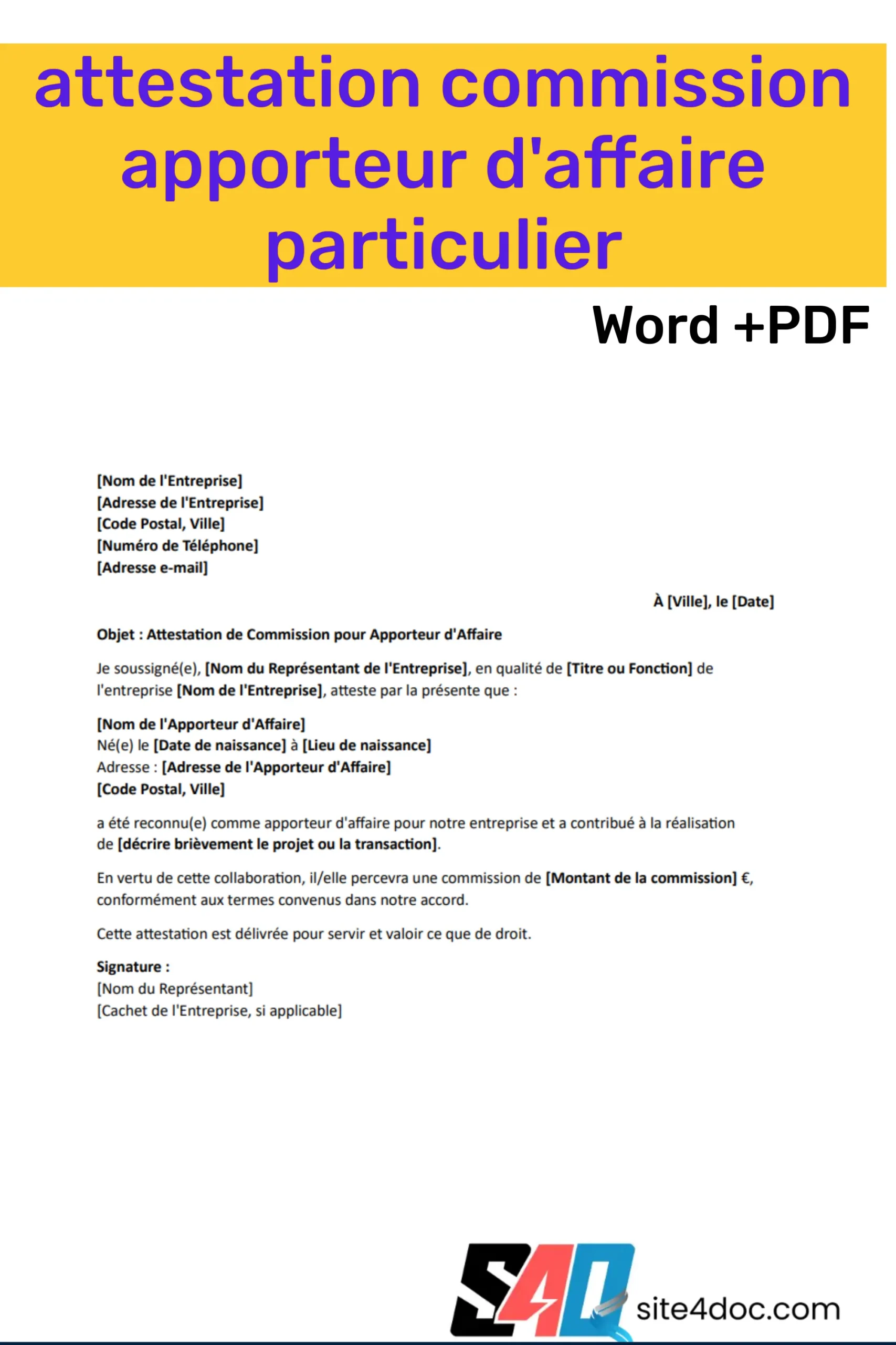 Modèle d'Attestation de Commission pour Apporteur d'Affaire (Particulier)