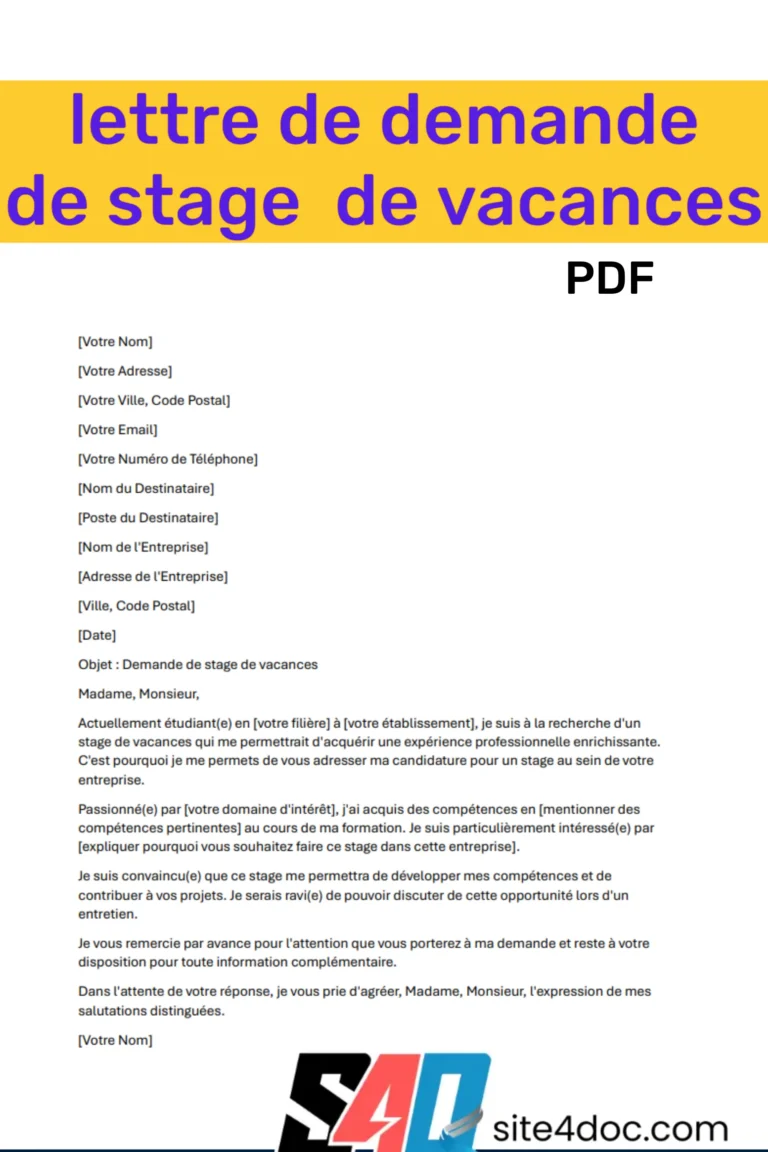 Modèle de Lettre de Demande de Stage de Vacances à Télécharger en PDF