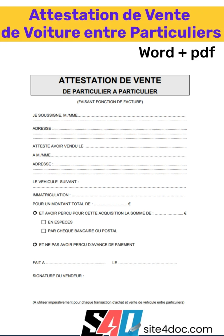 Exemple de modèle d'attestation de vente de voiture entre particuliers disponible en formats Word et PDF