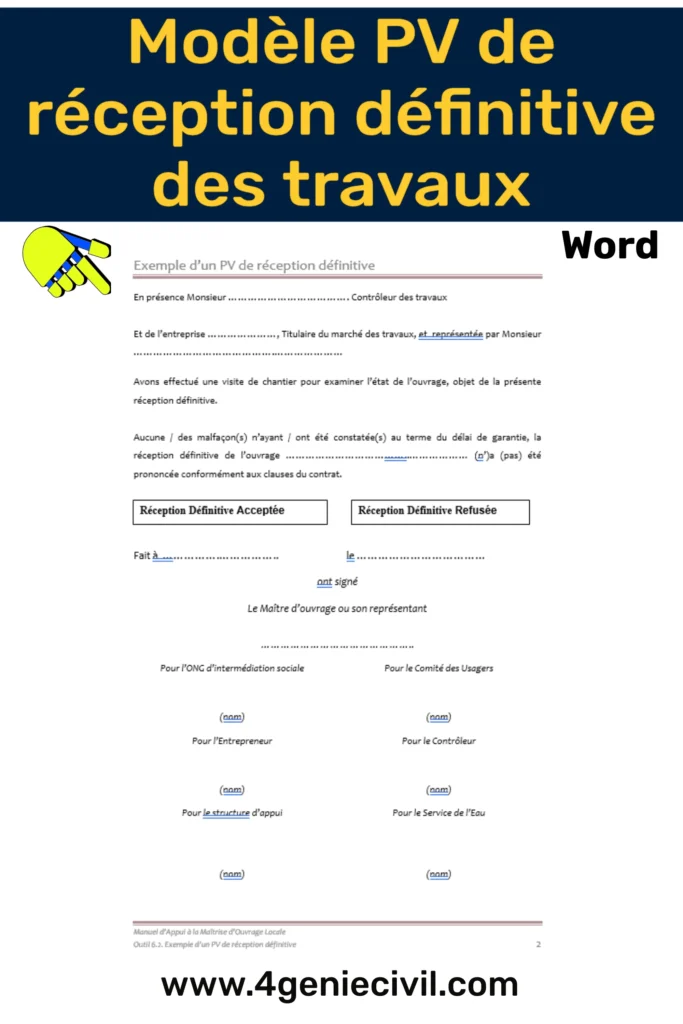 Modèle de PV de Réception Définitive des Travaux en format Word, incluant des sections pour les signatures et les détails du projet.