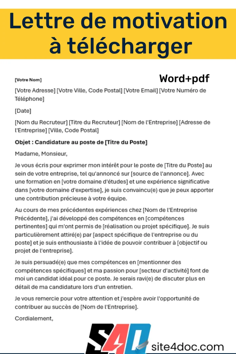 Image montrant une lettre de motivation pour une demande d'emploi, disponible en téléchargement gratuit aux formats Word et PDF.