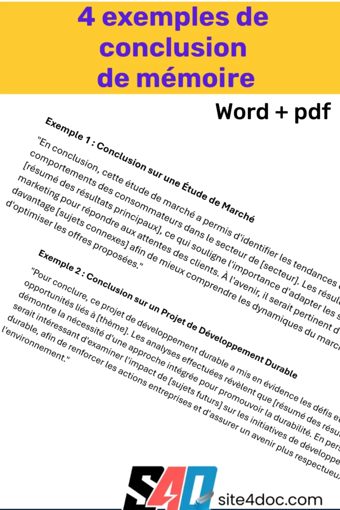 Exemples de modèles de conclusion de mémoire au format Word et PDF, facilitant la rédaction pour les étudiants.

