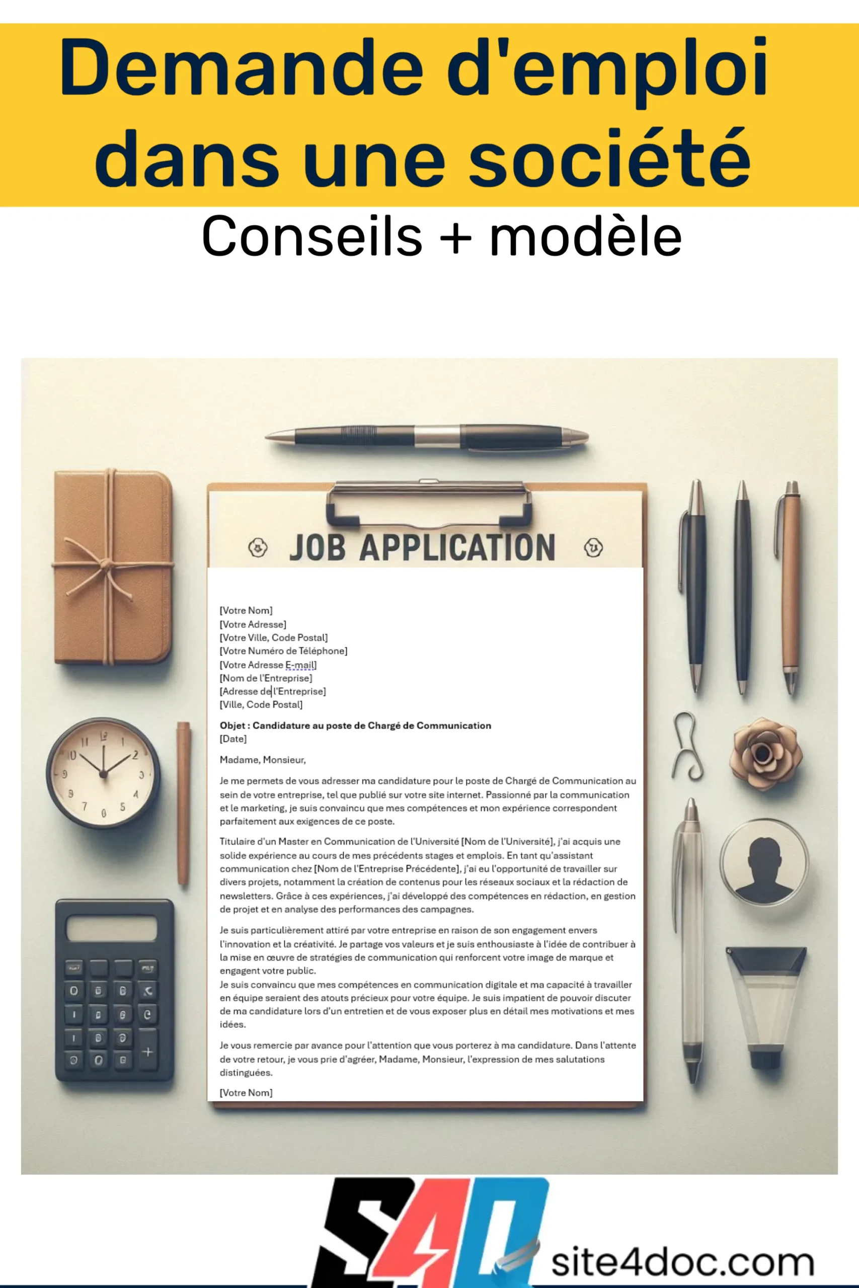 Modèle de demande d'emploi avec sections pour informations personnelles, expérience, compétences et lettre de motivation.