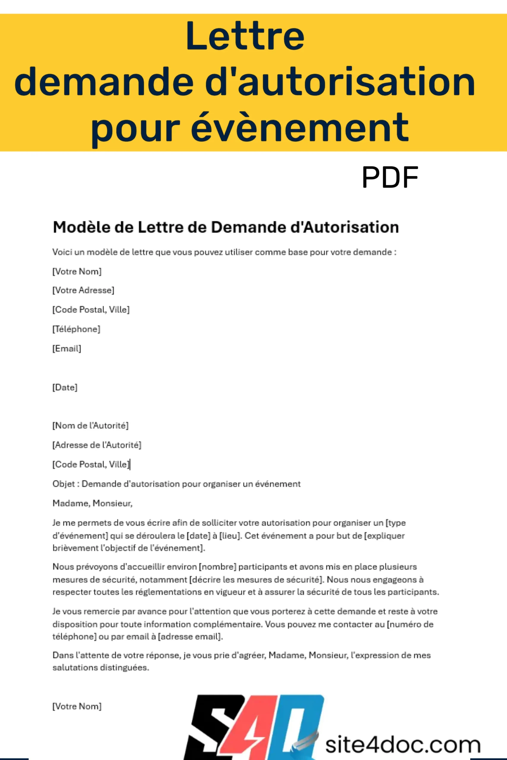 Lettre de demande d'autorisation pour organiser un évènement, en format PDF.