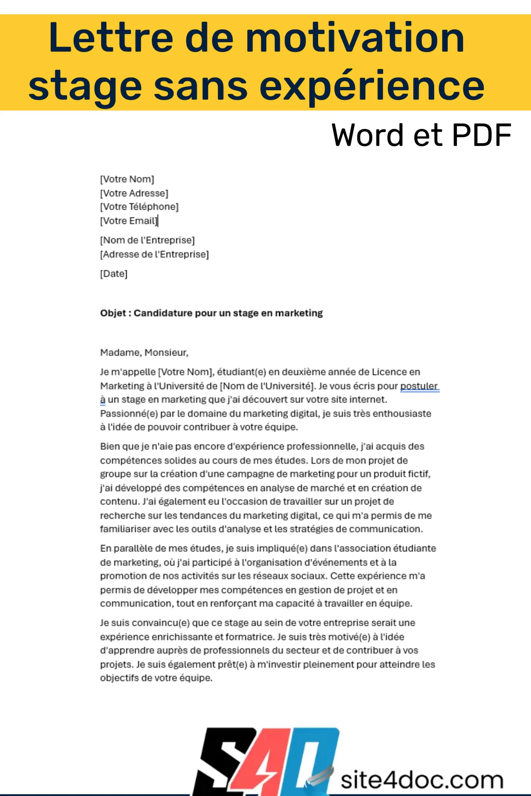 Exemple de lettre de motivation pour un stage sans expérience, disponible en format Word et PDF.