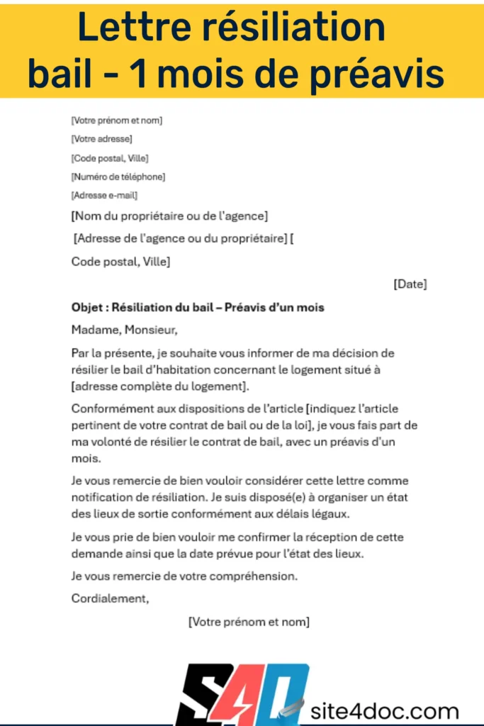 Image représentant un exemple de lettre de résiliation de bail avec un préavis d'un mois. Un modèle de lettre utilisé pour résilier un bail locatif avec un préavis de 1 mois.