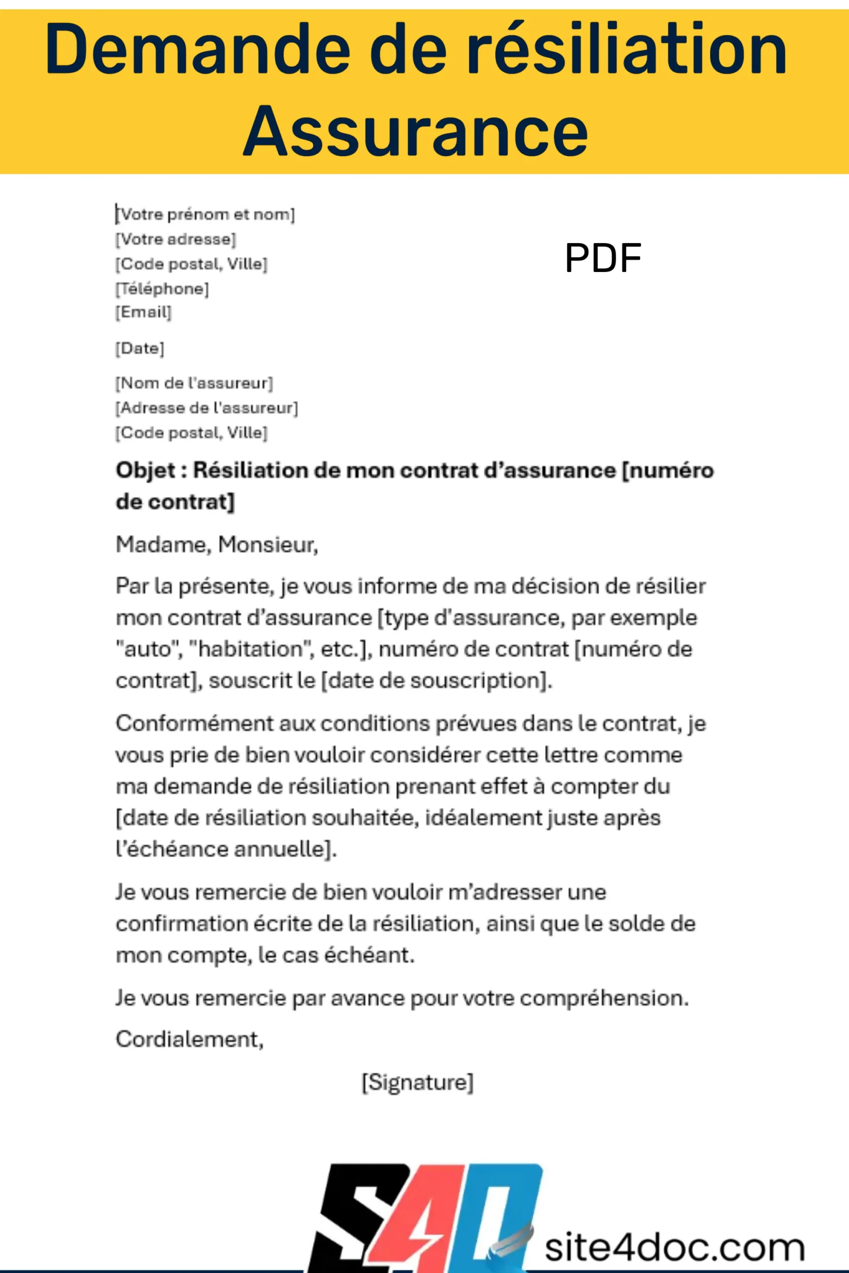 Image illustrant un modèle de lettre de résiliation de contrat d'assurance en format PDF, avec des éléments visuels rappelant la simplicité et la clarté du document.