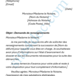 Un modèle de lettre formelle destinée à un notaire, affichant une mise en page professionnelle et structurée.