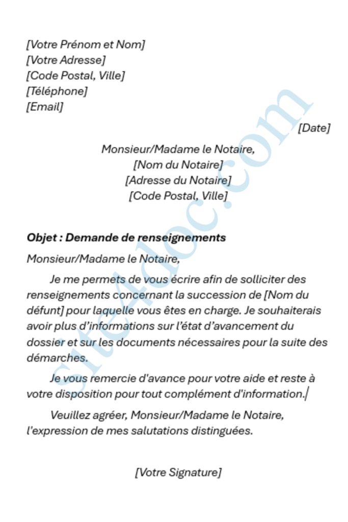 Un modèle de lettre formelle destinée à un notaire, affichant une mise en page professionnelle et structurée.