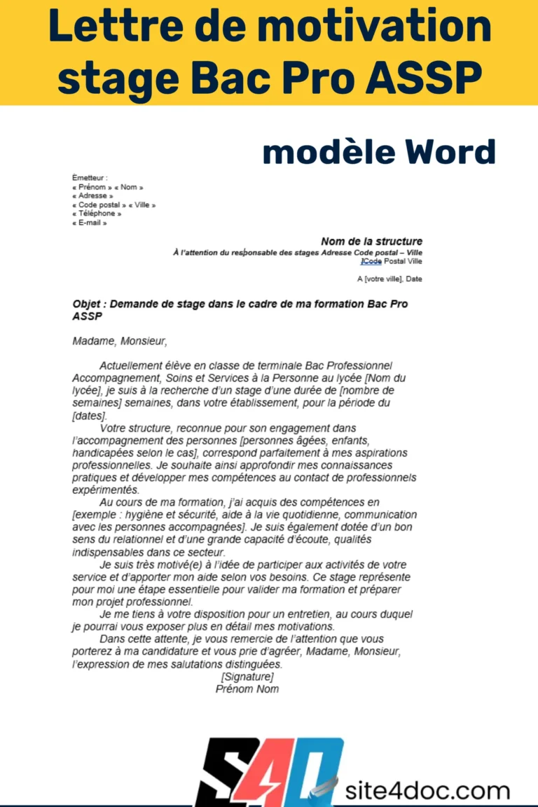 Modèle Word prêt à télécharger pour une lettre de motivation en Bac Pro ASSP, adapté pour vos candidatures de stage.
