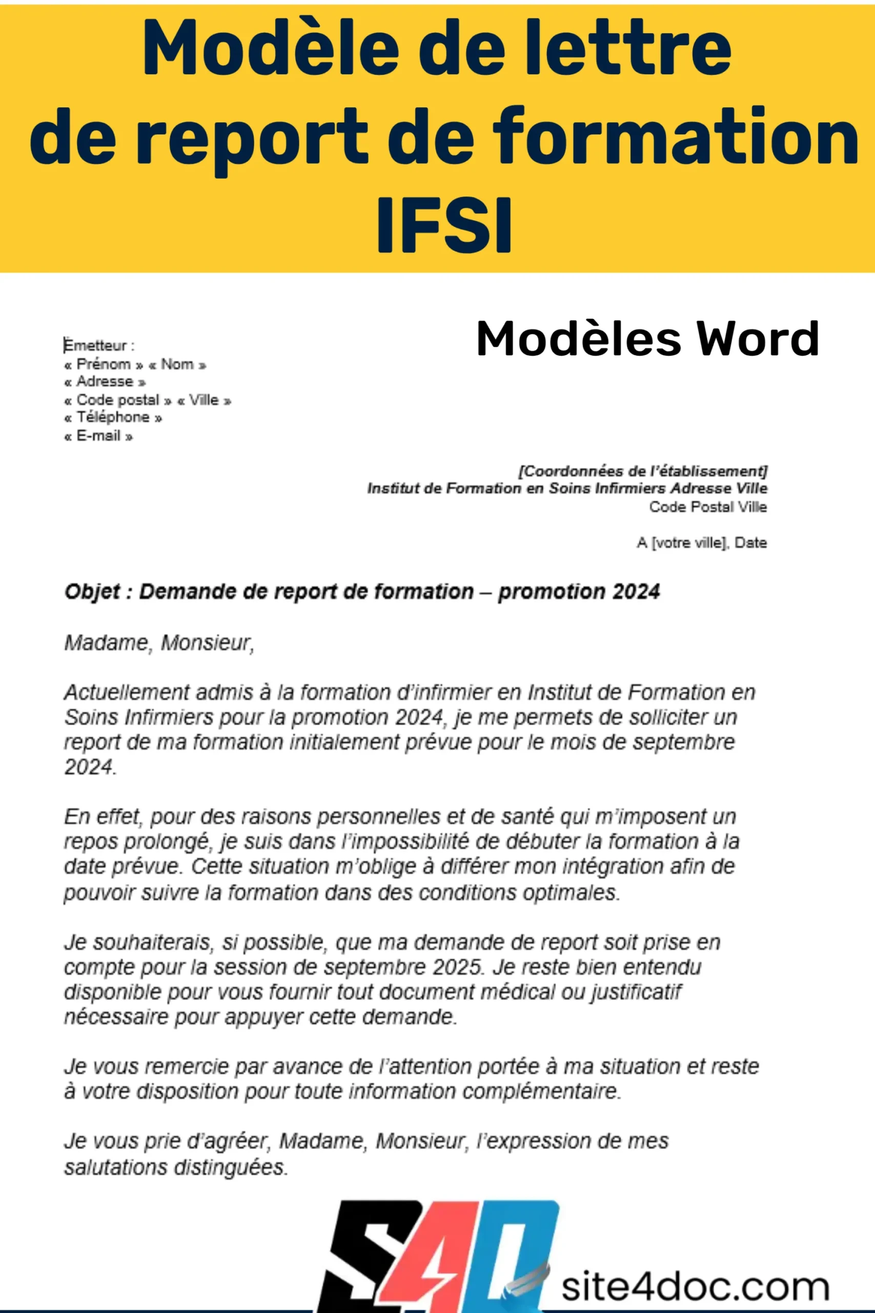 Modèle de lettre pour reporter une formation IFSI, destinée aux aides-soignantes et accompagnée d’une demande de report de financement.
