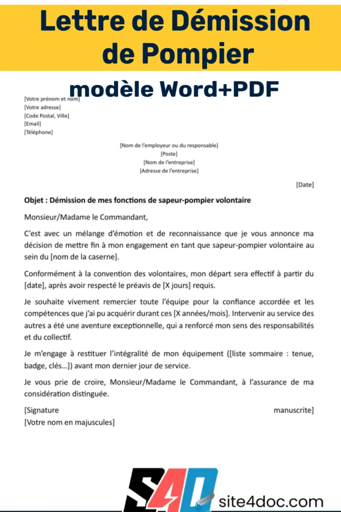 Exemple de lettre de démission pour pompier en format PDF et Word