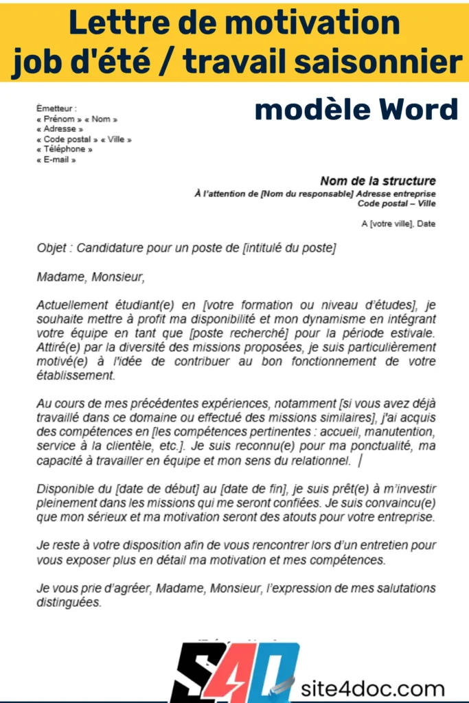 Modèle de lettre de motivation pour un emploi saisonnier ou un job d’été, affiché sur un ordinateur avec un document Word ouvert.
