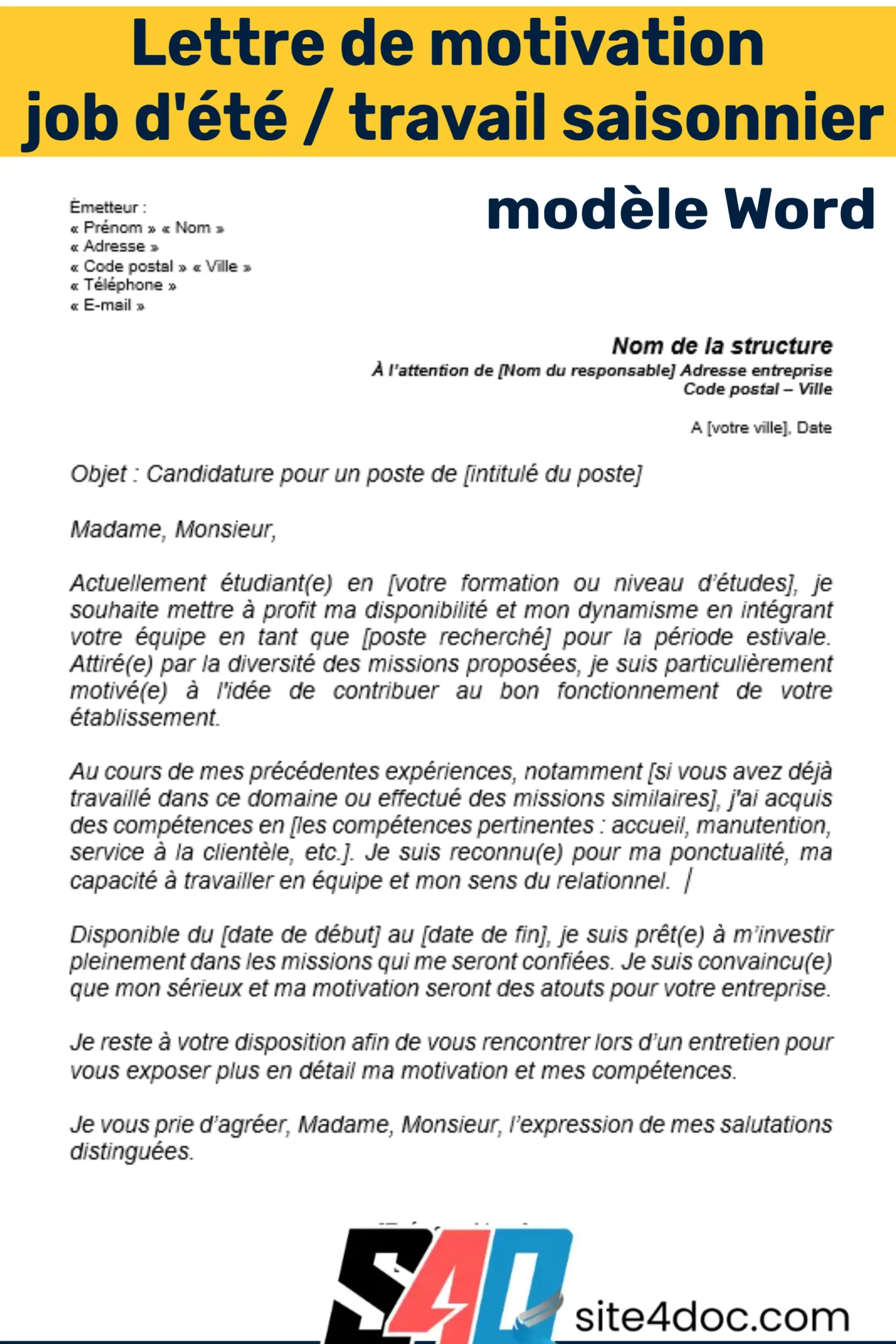 Modèle de lettre de motivation pour un emploi saisonnier ou un job d’été, affiché sur un ordinateur avec un document Word ouvert.