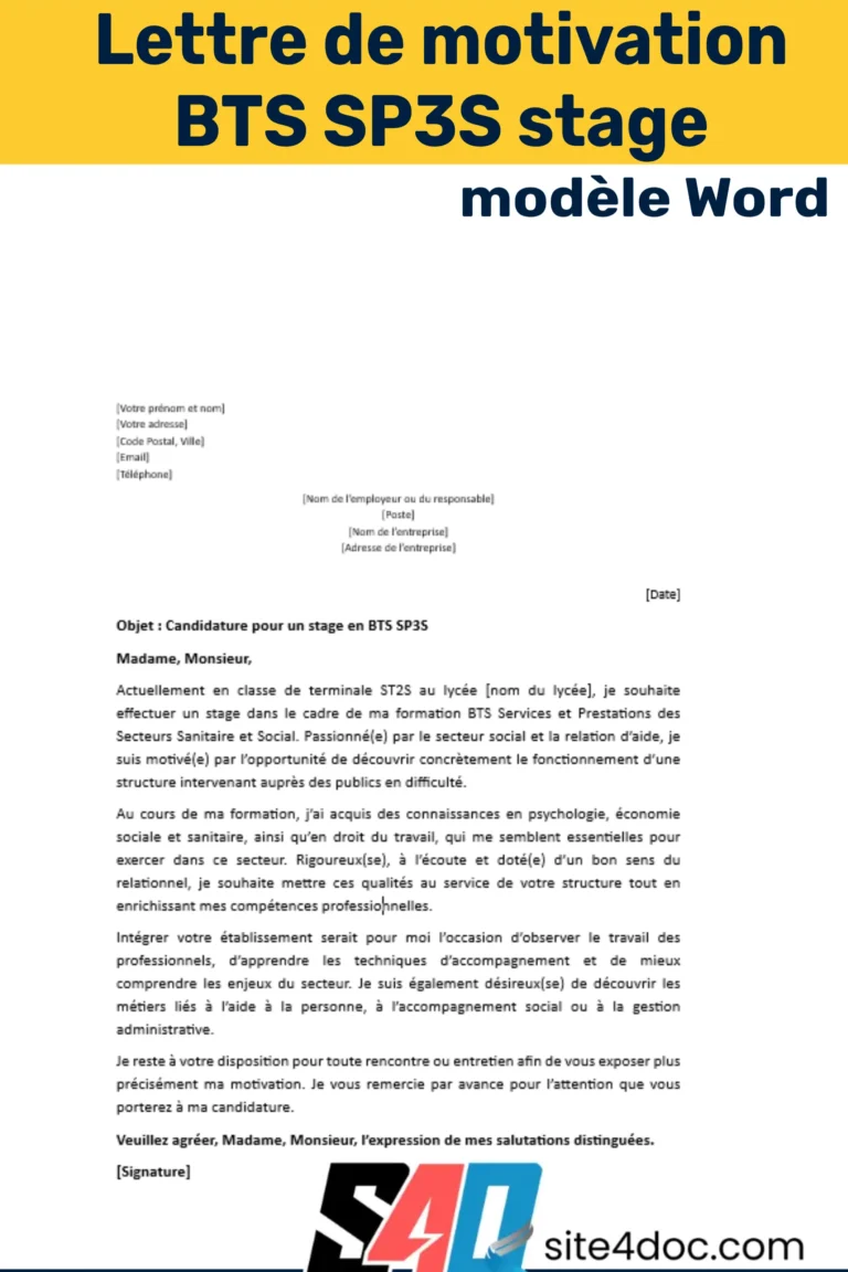 Exemple de lettre de motivation pour un stage en BTS SP3S, affichée sur un ordinateur avec un modèle Word illustré.