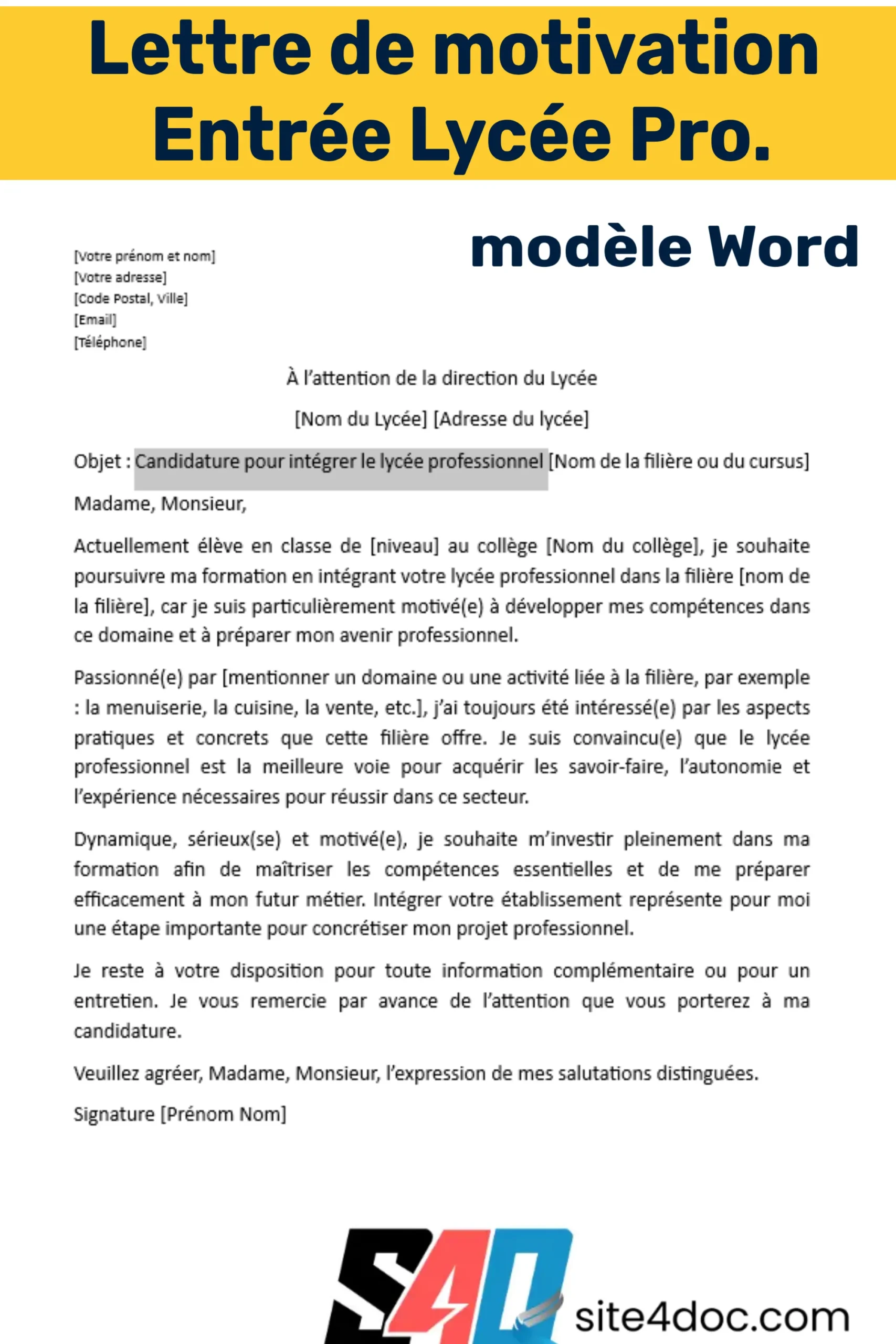 Modèle de lettre de motivation Word pour intégrer un lycée professionnel.