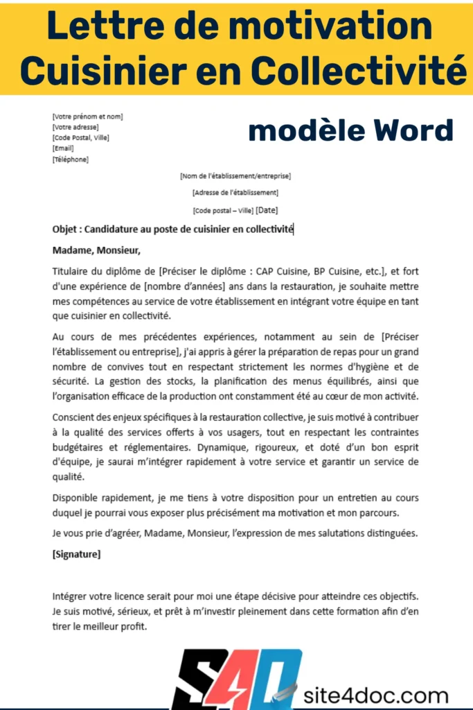 Exemple de lettre de motivation pour un poste de cuisinier en collectivité, modèle Word professionnel