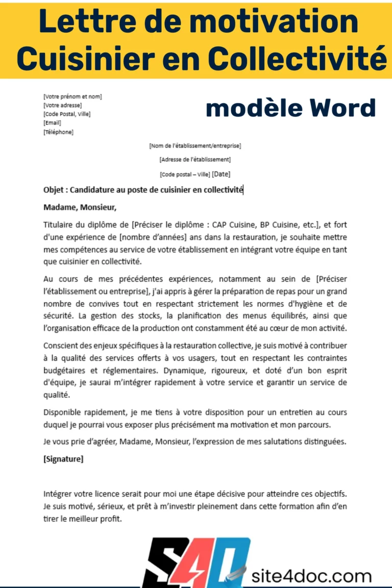 Exemple de lettre de motivation pour un poste de cuisinier en collectivité, modèle Word professionnel