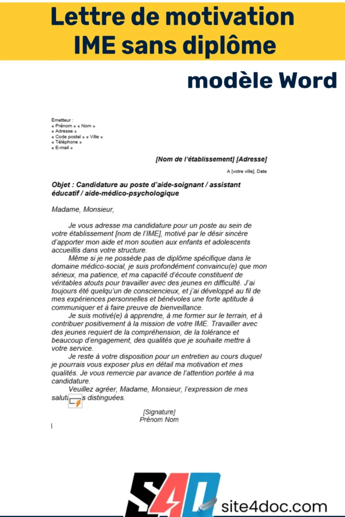 Lettre de motivation pour intégrer un IME sans diplôme – Modèle Word avec conseils pratiques.