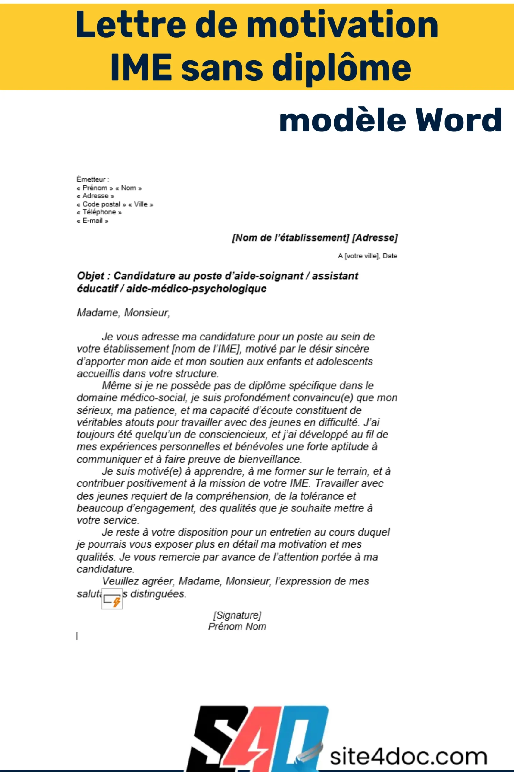 Lettre de motivation pour intégrer un IME sans diplôme – Modèle Word avec conseils pratiques.
