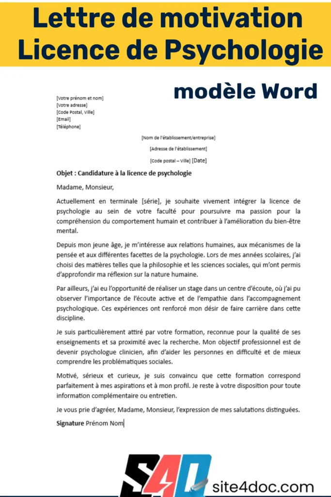 Modèle de lettre de motivation en format Word pour une inscription en licence de psychologie à la fac.