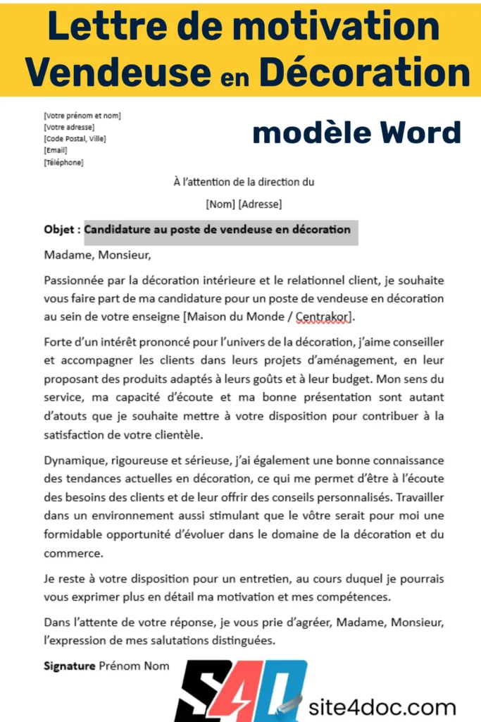 Exemple de lettre de motivation pour un poste de vendeuse en décoration, adaptée aux enseignes Maison du Monde et Centrakor.