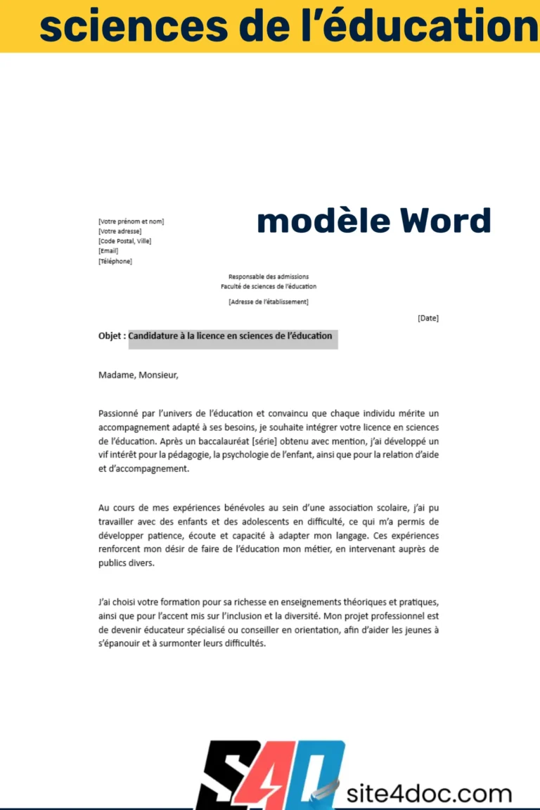Exemple de lettre de motivation pour une licence en sciences de l’éducation, affichée sur un document Word.