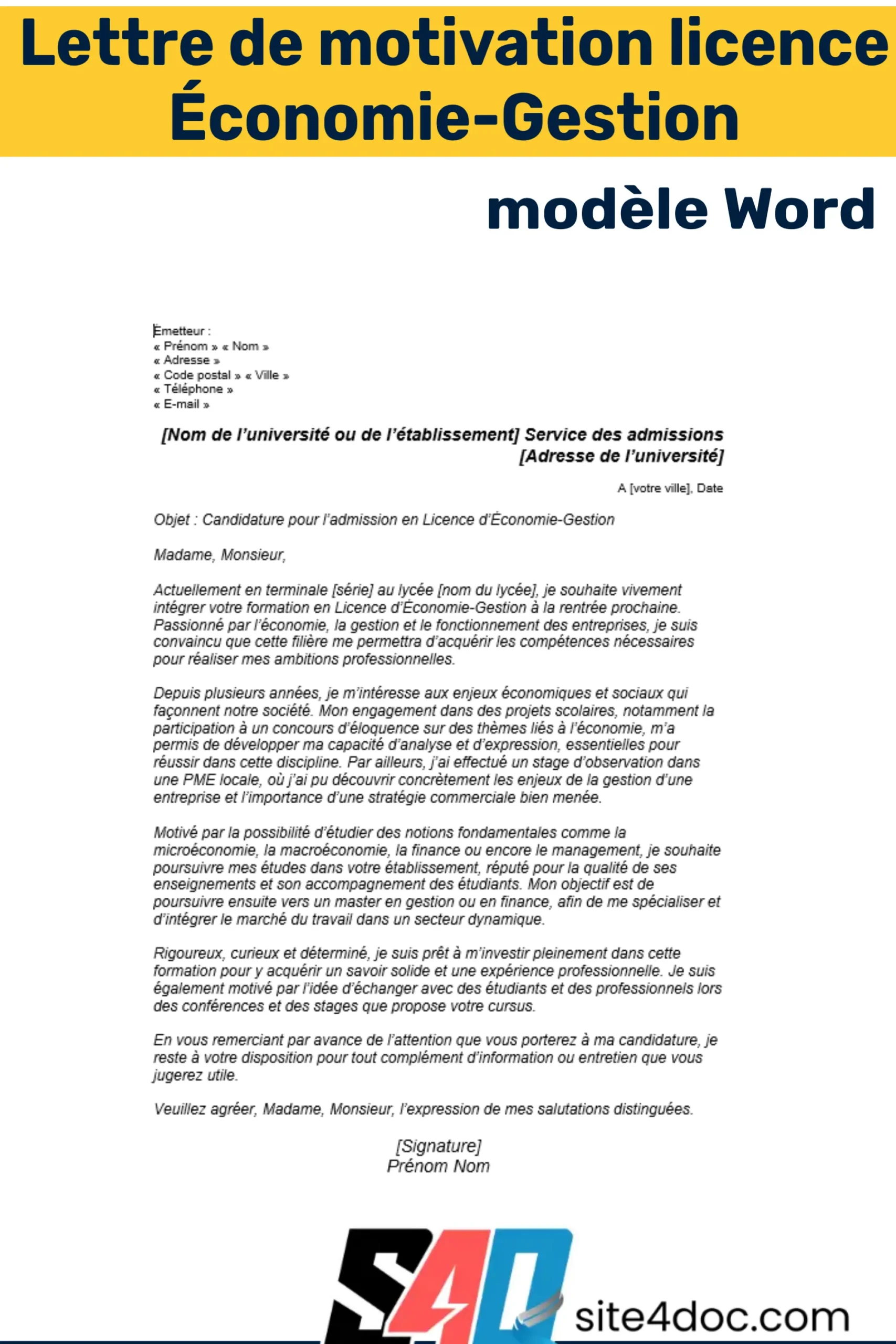 Lettre de motivation pour intégrer une licence en Économie-Gestion, mettant en avant les compétences et la motivation du candidat.