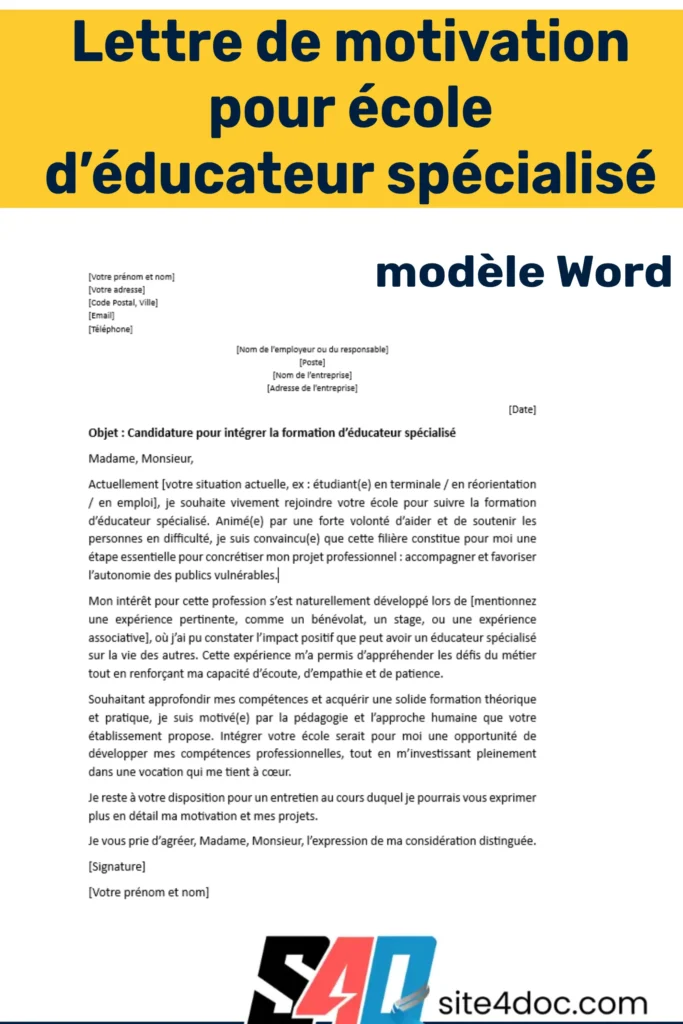 Exemple de lettre de motivation pour intégrer une école d’éducateur spécialisé, affichée sous forme de document Word avec une mise en page claire et professionnelle.