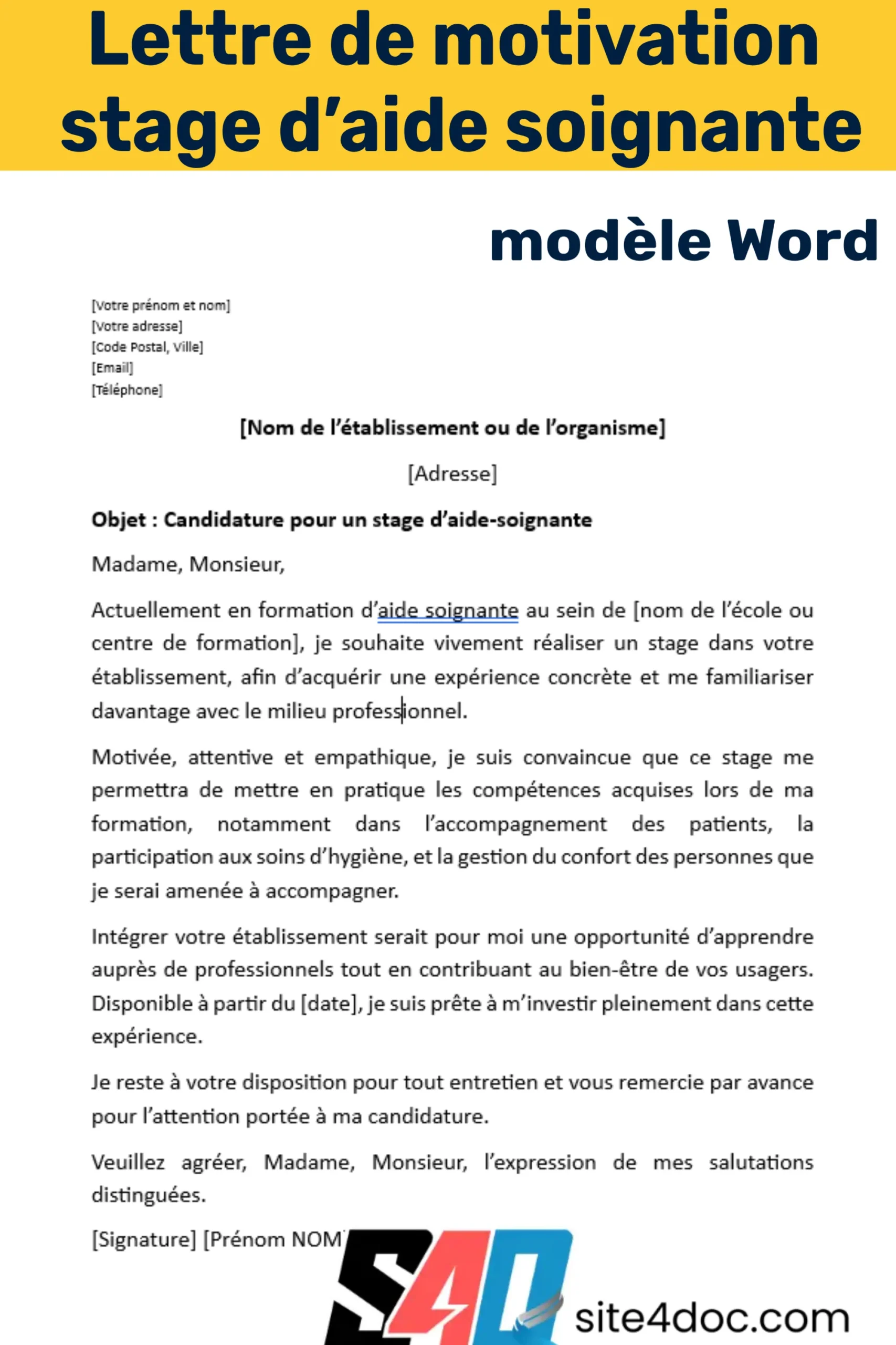 Exemple de lettre de motivation pour un stage d’aide soignante avec modèle Word