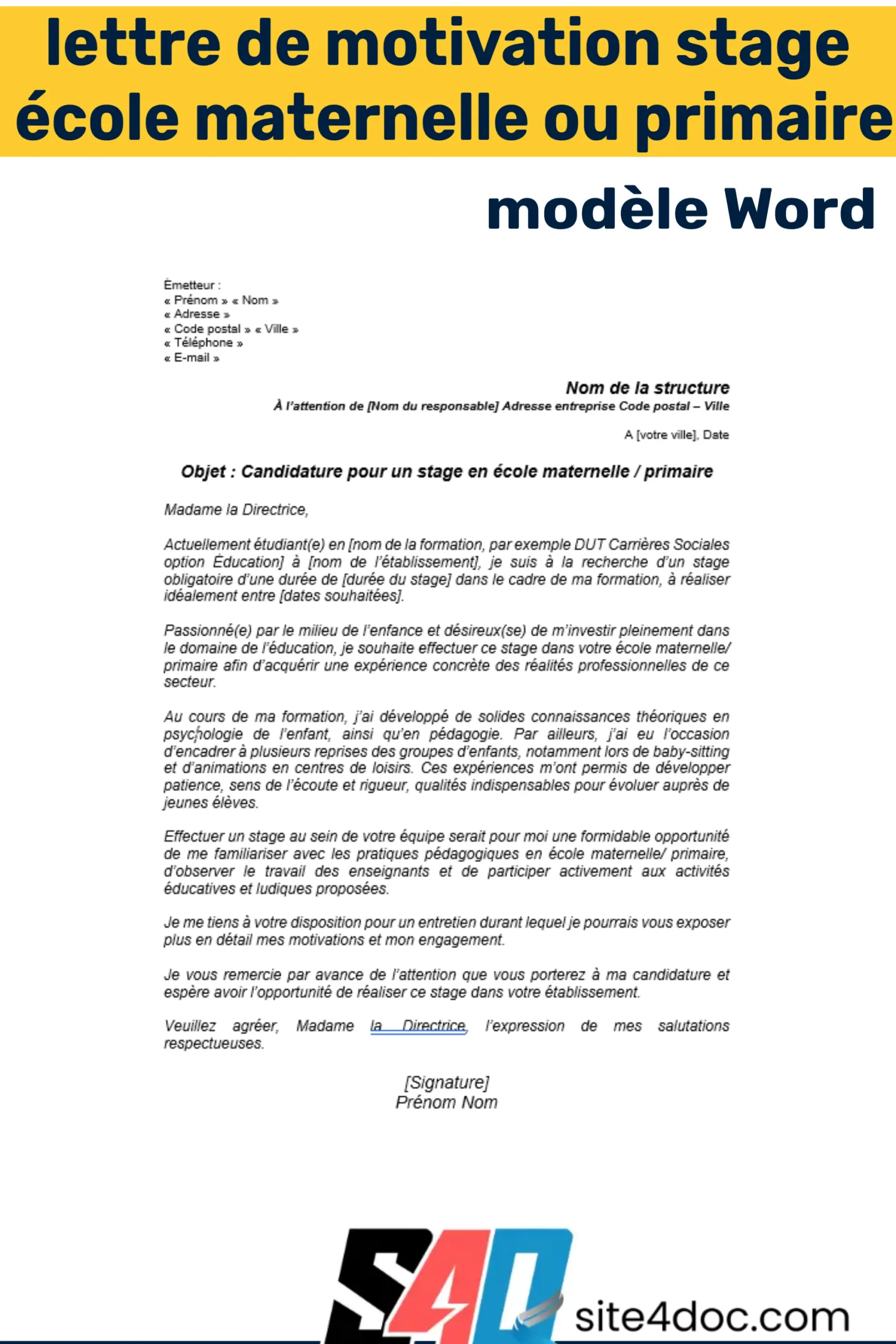 Lettre de motivation pour un stage en école maternelle ou primaire – Modèle au format Word.
