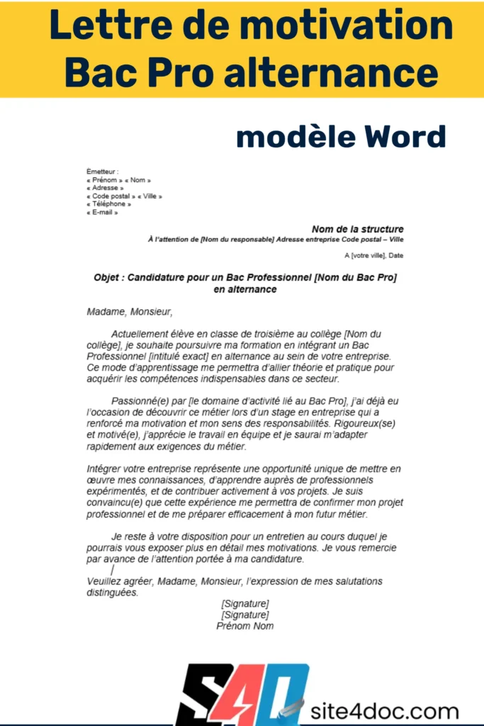 Modèle de lettre de motivation pour un Bac Pro en alternance, prêt à être téléchargé et personnalisé pour vos candidatures.