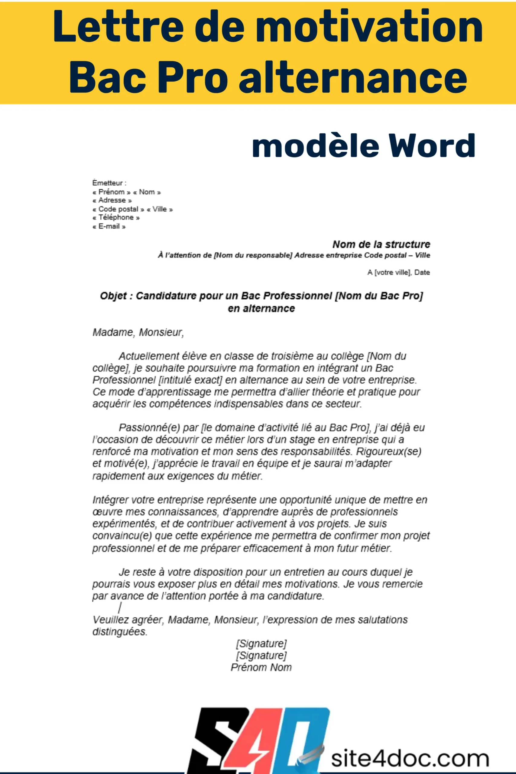 Modèle de lettre de motivation pour un Bac Pro en alternance, prêt à être téléchargé et personnalisé pour vos candidatures.