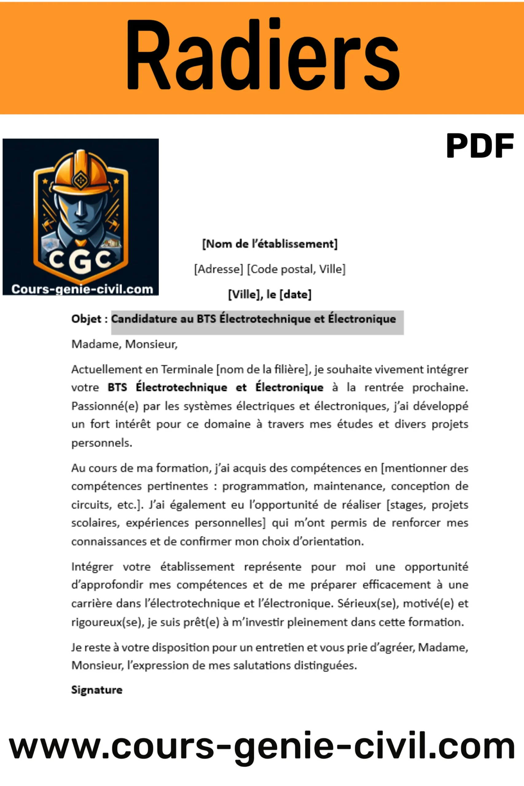 Modèle de lettre de motivation BTS Électrotechnique et Électronique au format Word, prêt à télécharger et personnaliser.