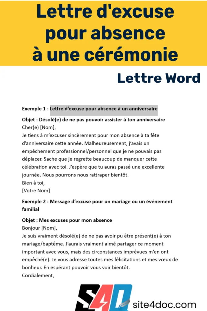 Capture d’écran d’un carnet avec des exemples de lettres d’excuse écrites, illustrant la rédaction polie et formelle pour une absence à une cérémonie. 