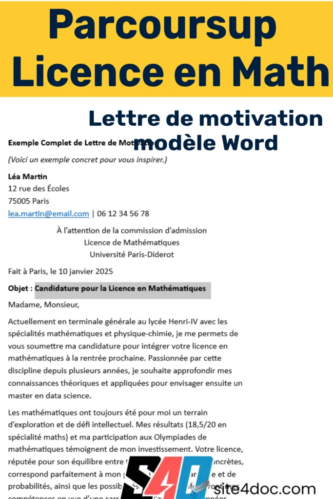 Exemple de lettre de motivation Parcoursup pour une licence en mathématiques, modèle Word, à télécharger, parfait pour débuter une candidature convaincante.