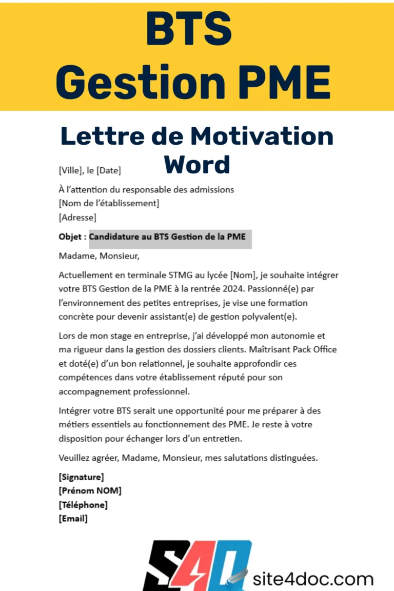 Extrait d'une lettre de motivation manuscrite pour le BTS GPME, avec un ordinateur et des documents administratifs en arrière-plan.