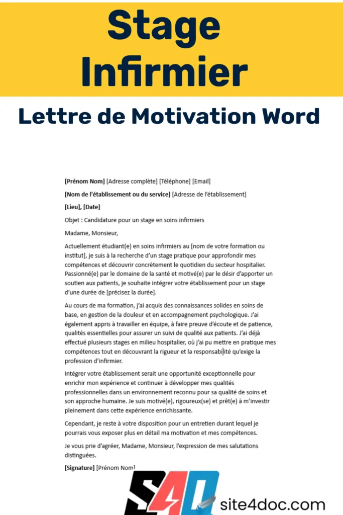 Exemple de lettre de motivation pour un stage infirmier, avec un modèle Word à télécharger.