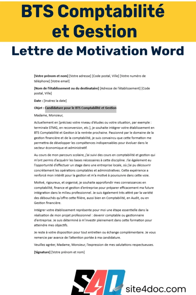 Découvrez un modèle de lettre de motivation en Word pour postuler à un BTS Comptabilité et Gestion. Un exemple clair et facile à personnaliser pour réussir votre candidature. Exemple de lettre de motivation pour un BTS Comptabilité et Gestion, disponible en modèle Word