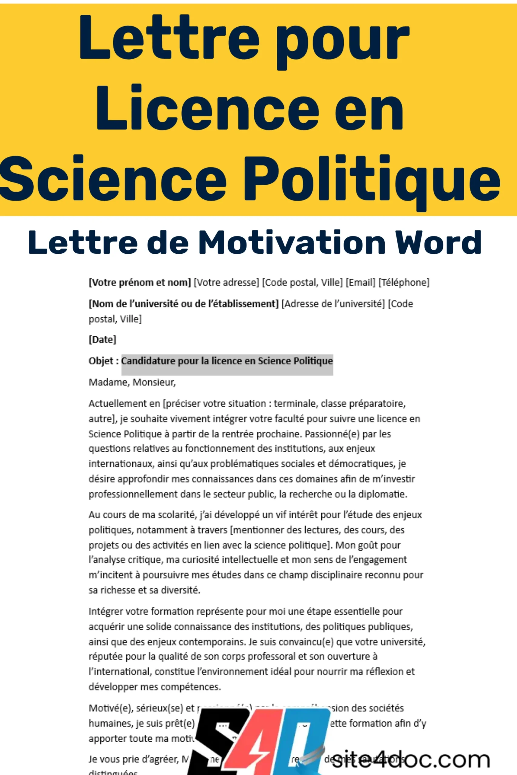 Exemple de modèle de lettre de motivation pour une candidature en licence de Science Politique, présenté sous un document Word avec une mise en page professionnelle.