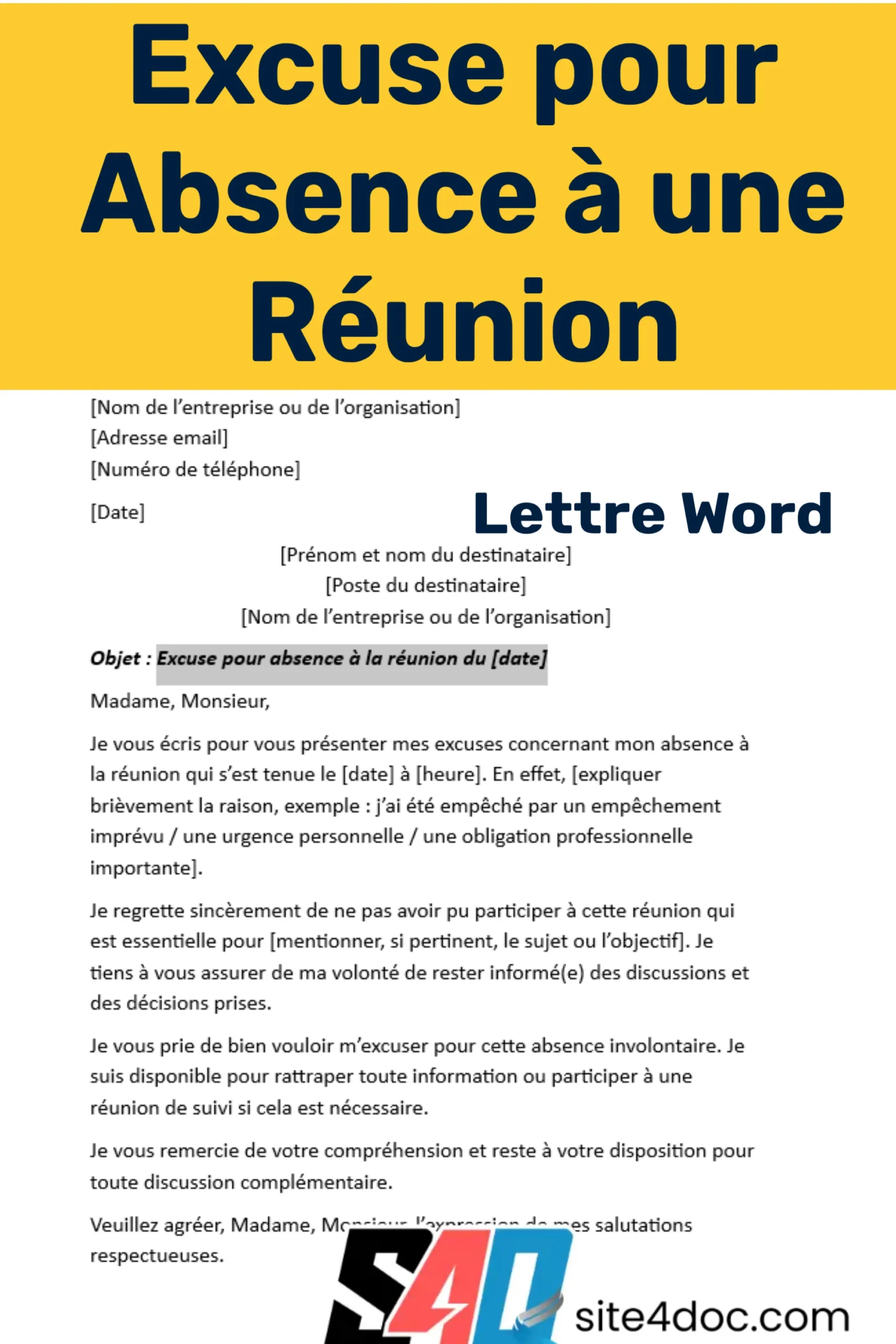 Exemple de modèle de lettre d’excuse pour absence à une réunion, avec un document Word prêt à télécharger.
