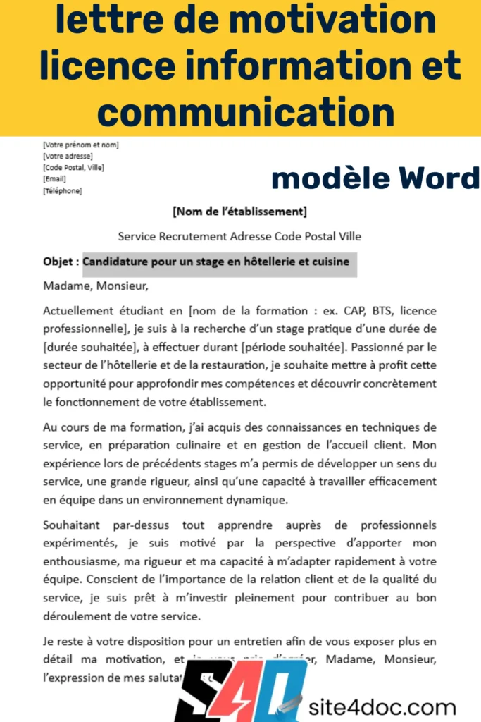 Modèle de lettre de motivation pour une licence en information et communication – Document Word téléchargeable.