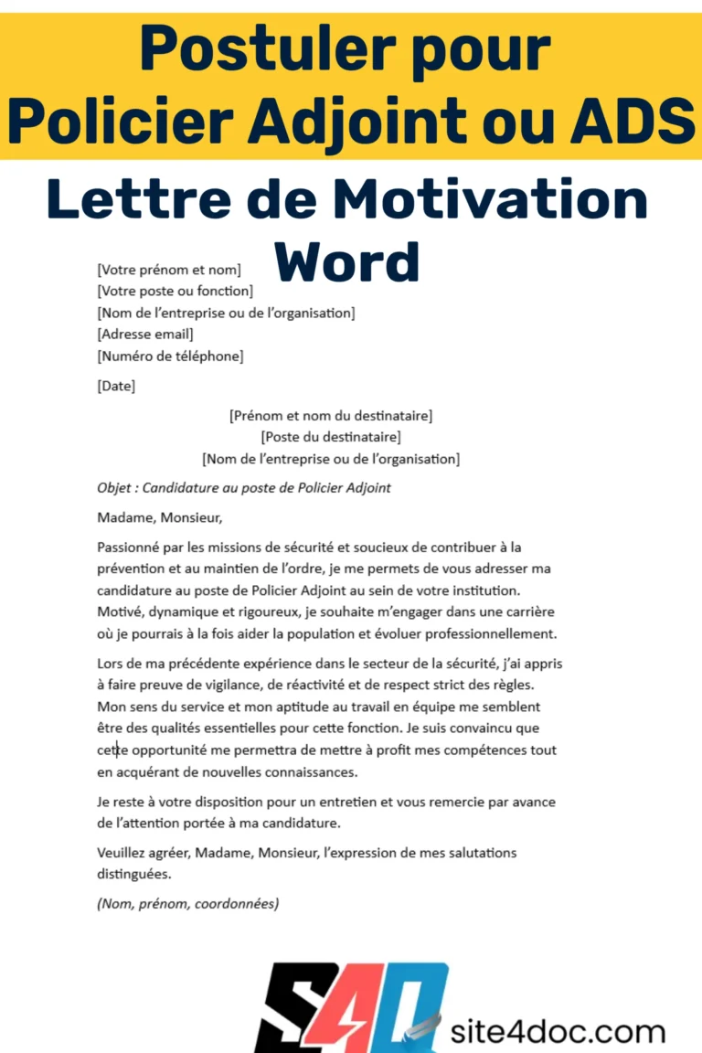 Modèle de lettre de motivation Word pour postuler en tant que Policier Adjoint ou ADS, avec exemple de candidature professionnelle et personnalisable.