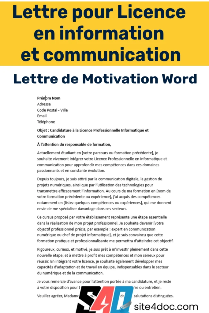 Exemple de lettre de motivation pour une licence professionnelle en information et communication, modèle Word à télécharger